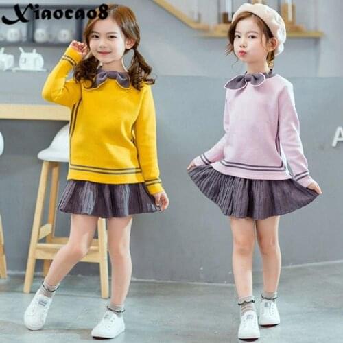2020 Spring girls long sleeve dress children cute knitting bow dresses for girls kids autumn princess dress toddler Baby clothes