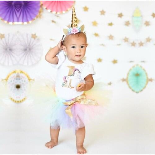 Sweet Princess Kids Baby Girl Unicorn T-shirt +Pink Tutu Voile Skirt 3Pcs Outfits Summer Birthday Party Clothes Set 0-24M