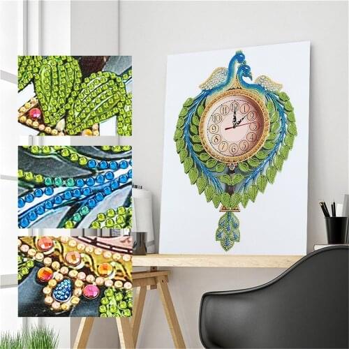 Huacan DIY Diamond Painting Peacock Clock Special Shaped Diamond Embroidery Mosaic Animal Craft Kit Home Decor
