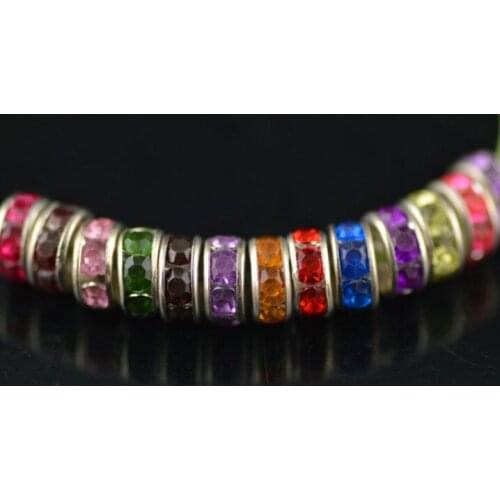 Free Shipping 6MM Mixed Color Spacer Metal Silver Plated Rondelle Rhinestone Loose Beads For DIY Jewelry Making crystal b424