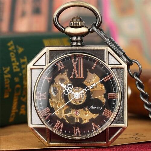 Rose Gold Roman Numerals Display Bronze Hand Winding Mechanical Pocket Watch Men Retro Fob Chain Antique Timepiece Gifts Male