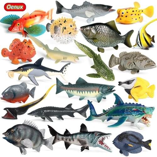 Oenux Sea Life Animals Model Action Figures Ocean Fish Sailfish Bass Grouper Salmon Aquarium Figurines PVC Educational Kids Toy