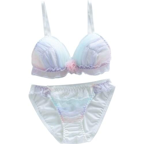 Gradient Rainbow Color Fancy Girls Womens Cute Bra & Panties Set Wirefree Soft Underwear Sleep Intimates Set Kawaii Lolita