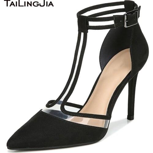 Clear PVC T-Strap Heels for Women Stiletto High Heel Pumps Shoes Ladies Elegant Pointed Toe Buckle Strap Large Size Dress Shoe