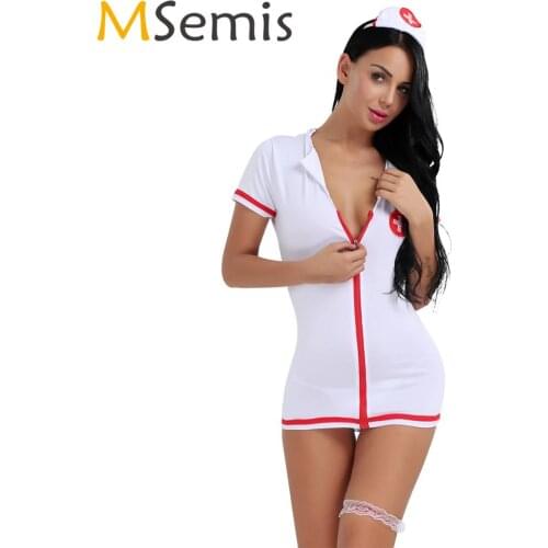 MSemis Hot Women Naughty Nurse Baby Doll Lingerie Set Sexy Deep V-neck Doctor White Coat Uniform Outfit Sex Game Cosplay Costume