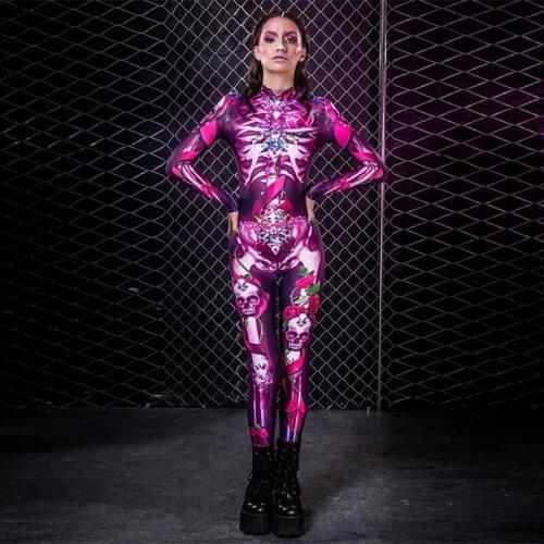 Halloween Costume European American Hot Selling Women Print Scary Skull one-piece Zentai Leggings Women Cosplay Costume