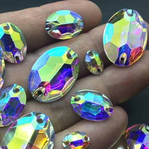 TopStone Crystal AB Oval Shape 7x10 11x16 18x25 mm Resin Crystal Rhinestones Sewing jewelry Beads Flat back Sew On Stone