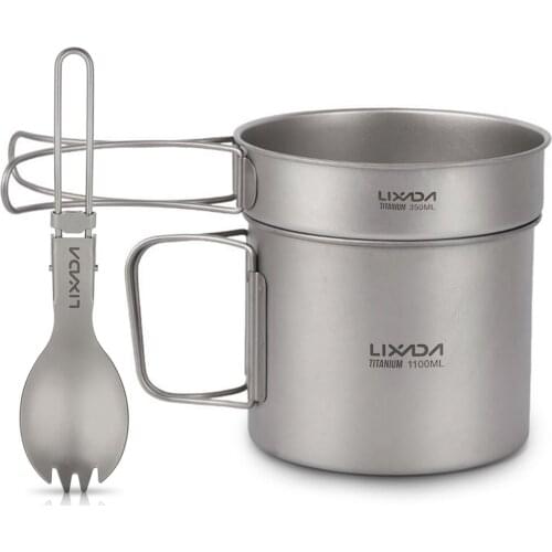 Lixada Ultralight Titanium Cookset Outdoor Camping Cookware Set Camping Pot Outdoor Fry Pan with Folding Spork for Travel