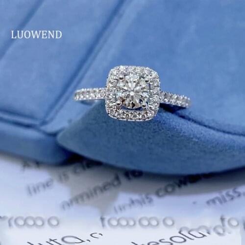 LUOWEND 100% Real 18K White Gold (AU750) Engagement Ring Luxury Square Halo Gold Rings Natural Diamond Ring for Women Wedding
