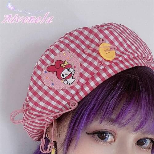 Harajuku Soft Girl Lolita Plaid Berets Hat Cartoon Patch Embroidery Female Streetwear Boina Feminina Береты AFC1151