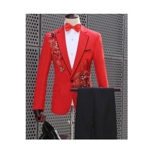 2020 new arrival slim red host men groom suit set with pants singer stage mens wedding suits man formal dress suit + pant + tie
