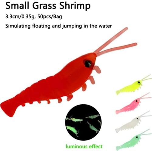 Wholesale Artificial Bait Glow Soft Shrimp Lure Baits 50pcs 33mm Small Fishing Simulation Luminous Prawn Fishing Bait Tackle