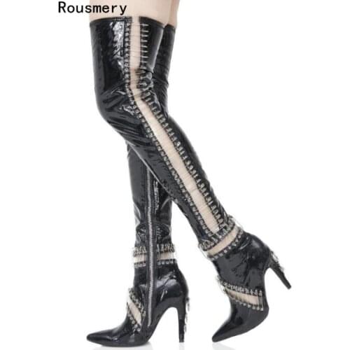 Fall Sexy Women Black Patent Leather Pins Cuts Out Pointed Toe Punk Style Thin Heels Over The Knee Slim High Boots Big Size