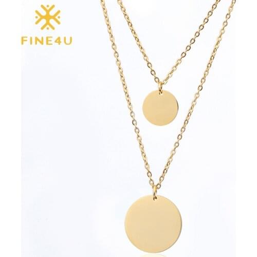FINE4U N232 Double Layer Coins Round Pendant Necklaces For Women Stainless Steel Choker Necklace Initial Jewelry Dropshipping