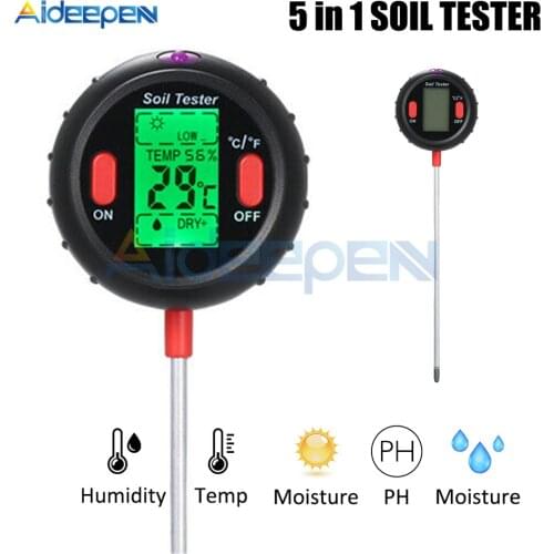 5 In 1 Digital PH Meter Soil Water Moisture Monitor Temperature Humidity Analysis Sunlight Tester For Gardening Plants Farming