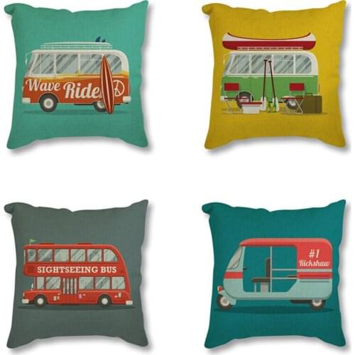 Seat Cushion for Sofa Home Decor Kawaii Cartoon Rainbow Bus Travel Trip Car Decorative Cushion Throw Pillow Linen Cotton Cushion
