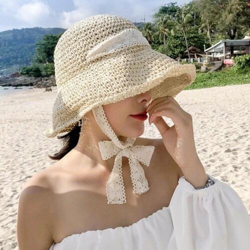 Hat Female Summer Handmade Woven Straw Hat Big Brim Sun Protection Fisherman Hat Lace Strap Sunshade Outdoor Hat For Women