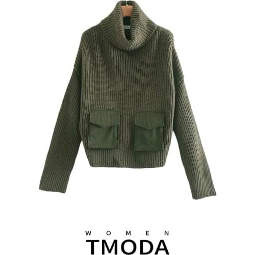 TMODA931 Za Pocket Oversized Jumpers Turtleneck Women Thick Warm Sweater Female 2021 Winter Loose Knitwear Batwing Pullover Tops