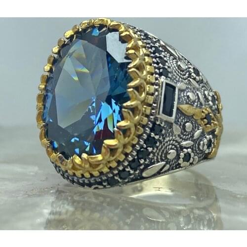 Turkish handmade 925 sterling silver jewelry blue zircon mens ring all sizes