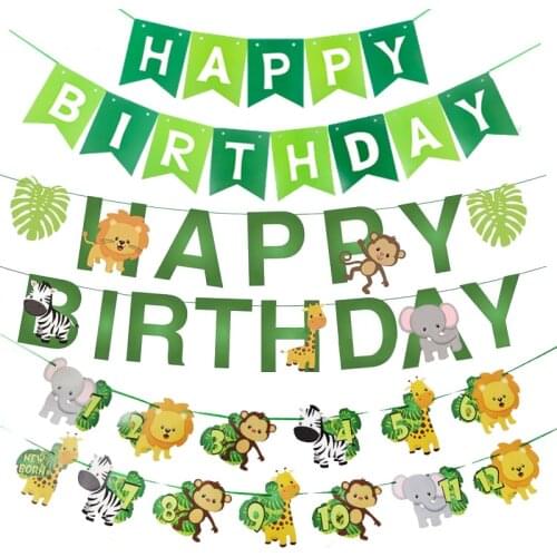 Birthday Jungle Party Cartoon Animal Bunting Banner Safari Zoo Lion Monkey Happy Birthday Decorations Kids Garland Paper Flag