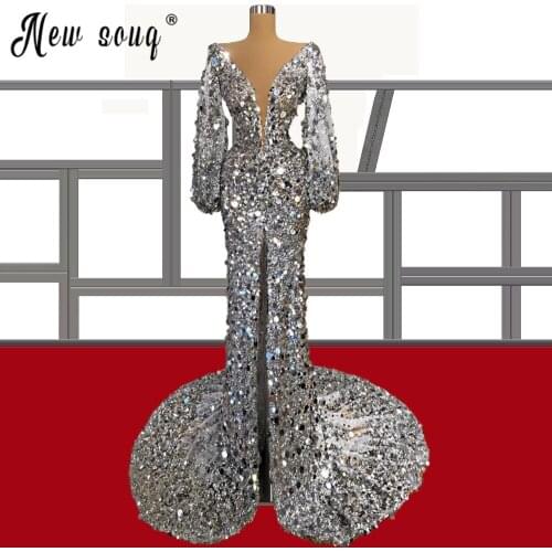 Sparkly Sequined Silver Long Sleeve Evening Dress Dubai Sexy V Neck Split Side Mermaid 2021 Red Carpet Runway Gowns Robes
