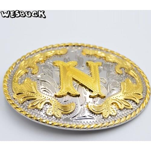 WesBuck Brand New Western Men Women Golden Initial Letter N Belt Buckle With Oval Metal Cowboy Belt With PU Belt Holiday gifts