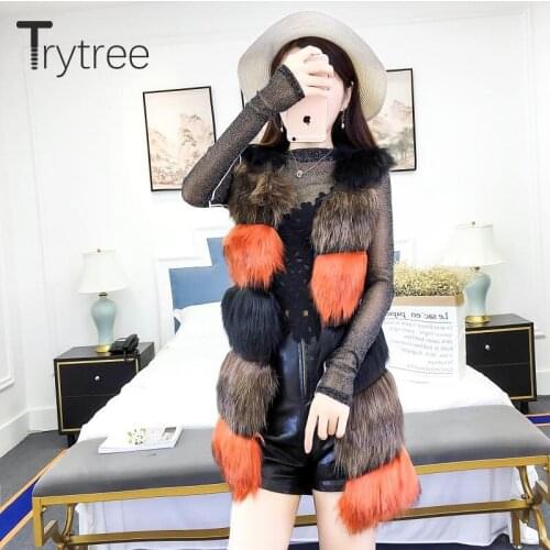 Trytree Womens Jacket 2021 Spring Autumn Casual Faux Fur Open Stitch Panelled Colors Jacket Vest Long Fashion Womens Coat Vest