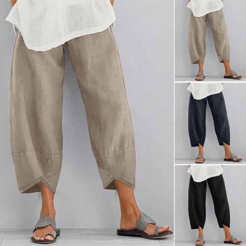 Vintage Harem Pants Women Casual Loose Printed Elastic Waist Cotton Linen Wide Leg Pants Summer Irregular Pantalon Cropped Pants