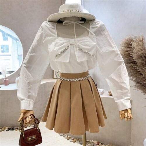 Fashion Diamond OL 2 Piece Set Women Square Collar Bowknot Skirt Blouse Top + Pleated Skirt Suits Fall Vintage Two Piece Outfits