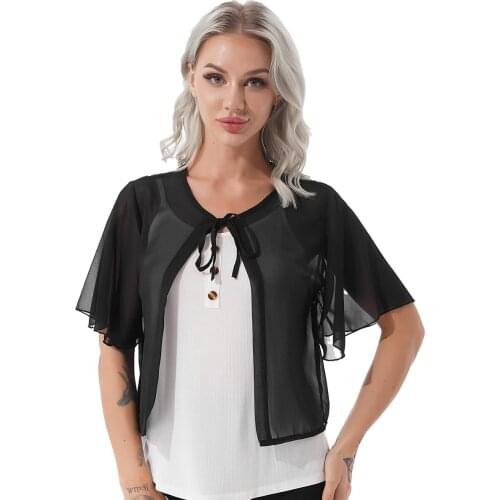 Women Lace-up Vintage Chiffon Cardigan Thin Shawl Coat Sun-protective Short Flared Sleeve Open Front Slim Fit Jacket New Outwear