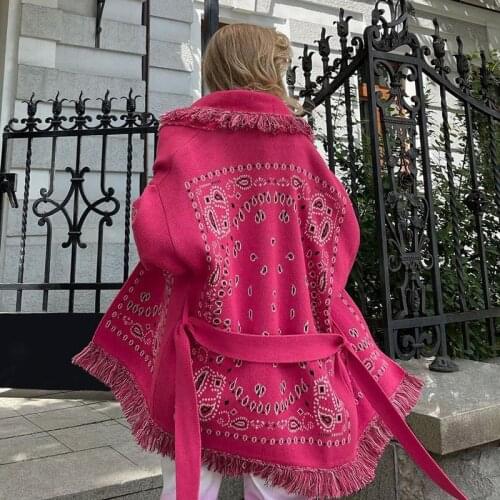 Foridol Folk Style Tassel Knitted Cardigan Long Women Sweater Rose Red Women Loose Casual Flower Green Oversize Cardigan White