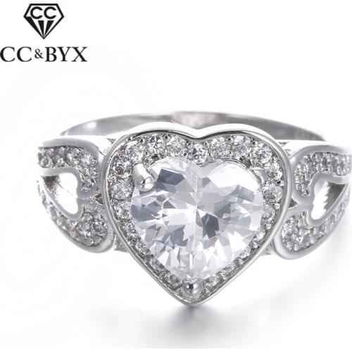 White gold color heart ring cubic zirconia luxury big rings for women fashion jewelry femel party rings size 6.7.8 CC193