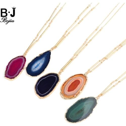 BOJIU Big Natural Agates Slice Stone Pendant Necklaces For Women Bohemian Long Gold Bamboo Chain Statement Necklace Femme NKS216