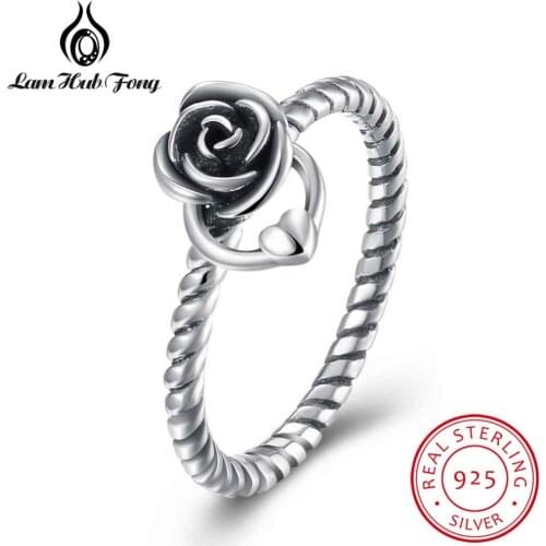 Vintage 925 Sterling Silver Women Rings Rose Flower Heart Ring Fine Jewelry Wedding Engagement Party Gifts (Lam Hub Fong)