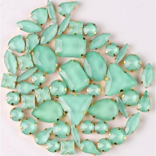 Gold claw settings 50pcs/bag shapes mix jelly candy Peridot glass crystal sew on rhinestone wedding dress shoes bags diy