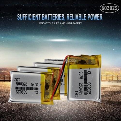 10pc 250mAh 3.7V 602025 Lithium Polymer Rechargeable Battery For Mp3 MP4 MP5 GPS PSP DVR mobile bluetooth Li-Po cells
