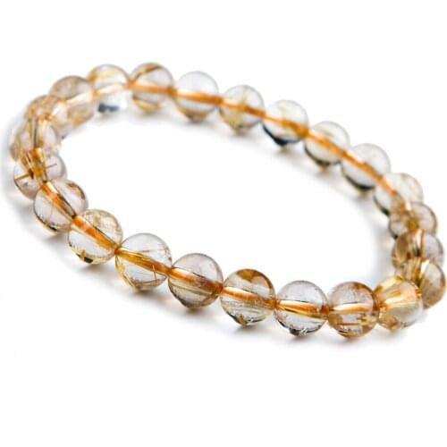8mm Genuine Natural Brazil Titanium Rutilated Quartz Crystal Clear Round Beads Jewelry Stretch Bracelets For Women