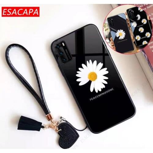 Tassel lanyard Tempered Glass Cover For Huawei P40 P30 P20 P10 Pro Plus Daisy Pattern Phone Case For Huawei P40 lite E P10 Plus