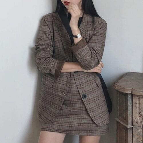 Elgland Style 2021 Autumn Casual Office Lady Chic Vintage Women Fashion Clothing Suit Plaid Blazer+Mini Skirt 2 Piece Set