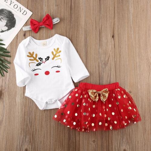 3Pcs Girls Xmas Clothes Set Infant Babies Girl Clothing Bodysuit Top Dots Tulle Tutu Skirt Headband Christmas Clothing Outfits