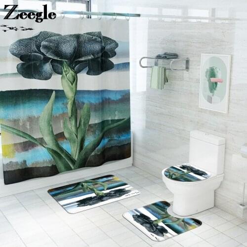 Memory Foam Bath Mat and Waterproof Shower Curtain Set Anti-slip Floor Carpet for Toilet Artistic Style Bathroom Carpet Rug Set