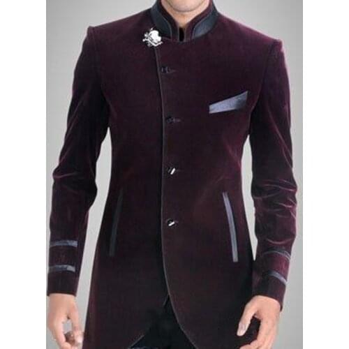 Handsome Burgundy Velvet Groom Tuxedos Groomsmen Wedding Prom Suits Custom Made Mens Prom Dresses 2Pieces Suits(Jacket+Pants)