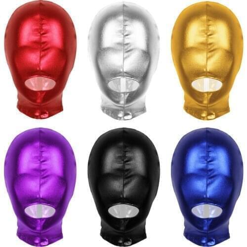 Men Women Latex Shiny Metallic Open Mouth Hole Headgear Full Face Hood Mask for Bondage Role Play Masquerade Costume Clubwear