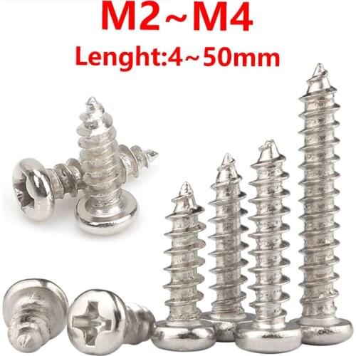 M2 M2.3 M2.6 M3 M4 Phillips Recessed Pan Head Self Tapping Screw Metric Thread Cross Round Head Bolt Steel Nickel Plated20-50pcs