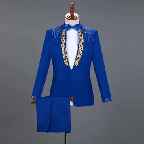 4 Colors blue England Style Formal Mens Suits Rhinestones Blazers Pants Sets Singer Host Stage Outfits Wedding Party Dresses