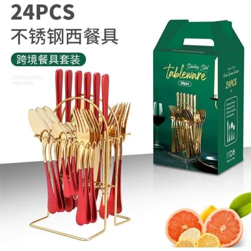 24pcs Gold Dinnerware Set Stainless Steel Tableware Set Knife Fork Spoon Luxury Cutlery Set Gift Box Flatware Dishwasher Safe