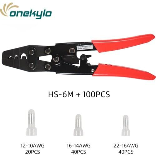 HS-6M Crimping plier+100pcs Closed End Nylon Crimp Caps Electrical Wire Cable Terminals Connectors Set AWG 12-10 16-14 22-16