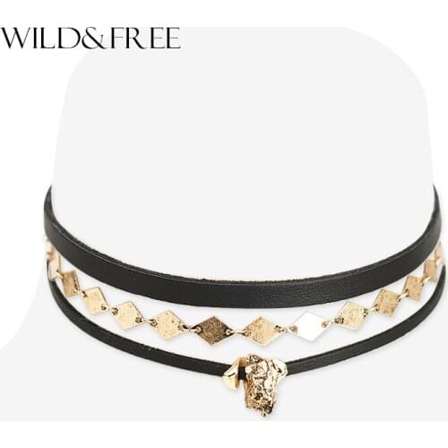 Women 3pcs Black Leather Link Chain Choker Necklace Set Vintage Antique Gold Stone Shape Pendant Leather Choker Necklace Jewelry