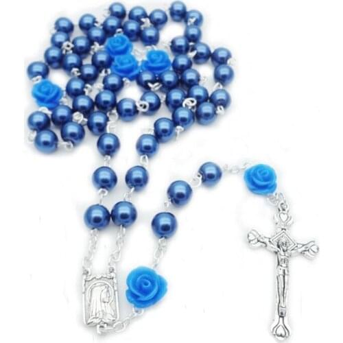Classic Fashion Rose Flower Necklace Pearl Rosary Necklace Cross Necklace Religious Style Men and Women Necklace Jewelry