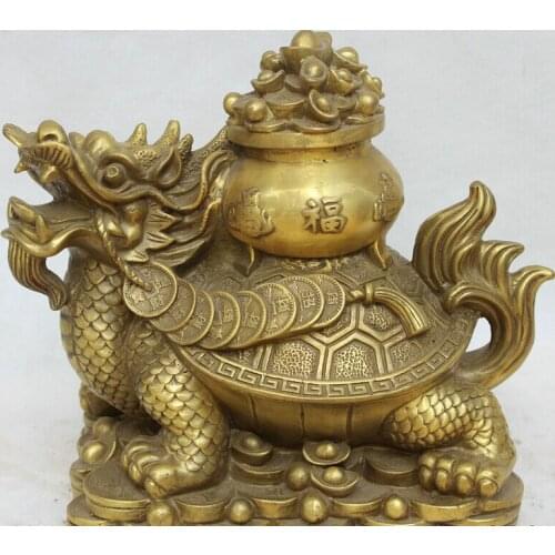 Song voge gem S1776 10" Chinese Bronze Wealth Feng Shui Treasure Bowl Dragon Tortoise Turtle Statue